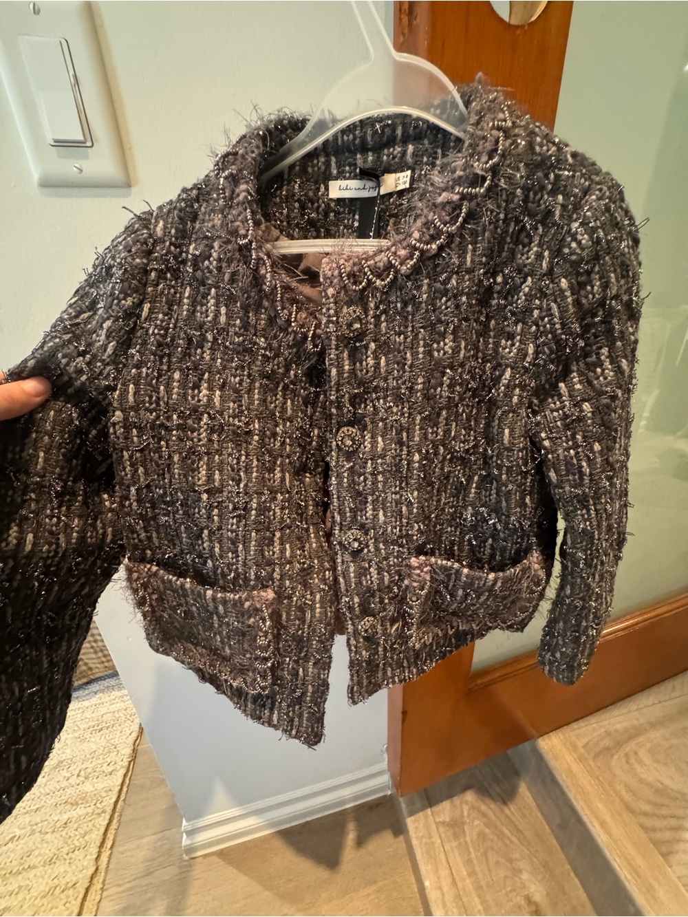 Kiki and Jojo Charcoal Textured Tweed Cropped Jacket